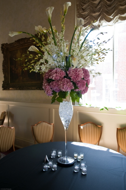 Hydrangea Dendrobium Orchids and Callas Centerpiece wedding reception 